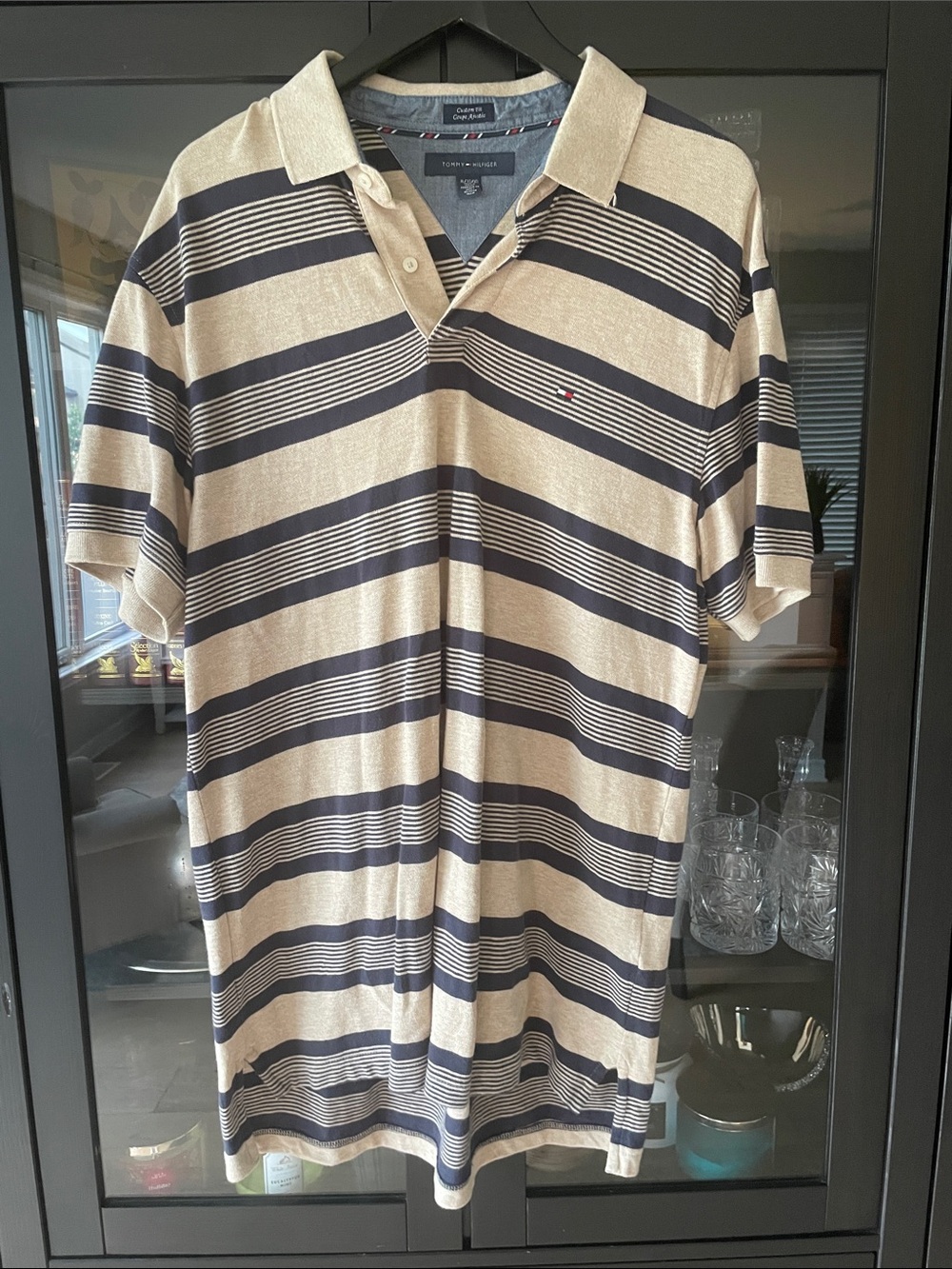 Tommy Hilfiger Men’s Beige and Navy Horizontal Stripe Polo